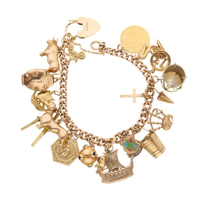 Lot 13 - A 9ct gold curb-link charm bracelet, with...