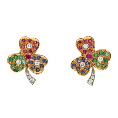Lot 37 - A pair of 18ct gold and platinum, multi-gem...