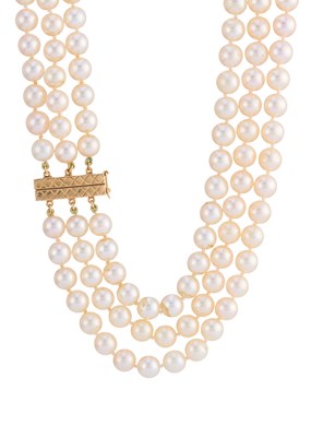 Lot 40 - A three-row cultured pearl choker necklace,...