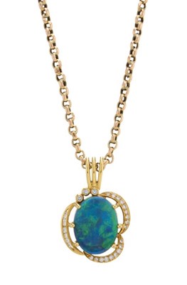 Lot 86 - An 18ct gold black opal cabochon and brilliant-...