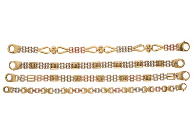 Lot 135 - Four 9ct gold bracelets, each with lobster...