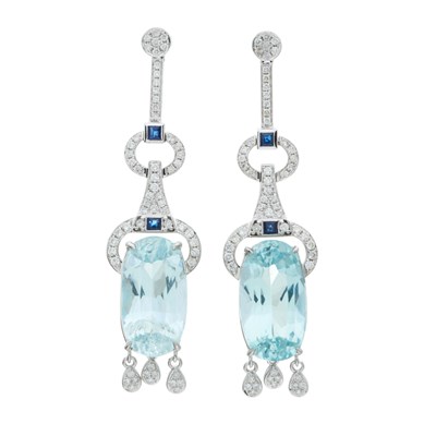 Lot 145 - A pair of 18ct gold aquamarine and diamond...