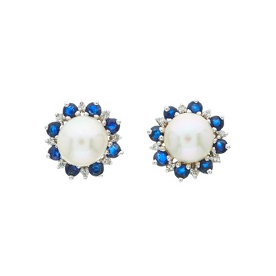 Lot 201 - A pair of 14ct gold cultured pearl, sapphire...