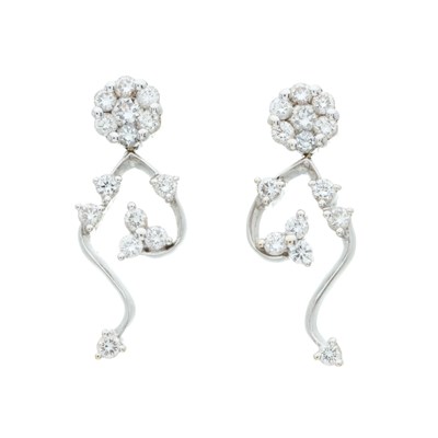 Lot 203 - A pair of 18ct gold diamond foliate drop...