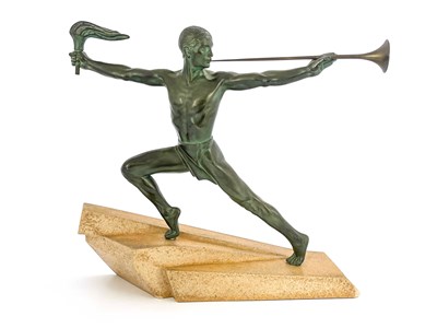 Lot 727 - Max Le Verrier, a patinated art metal figure,...