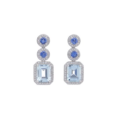 Lot 157 - A pair of platinum aquamarine, sapphire and diamond cluster drop earrings