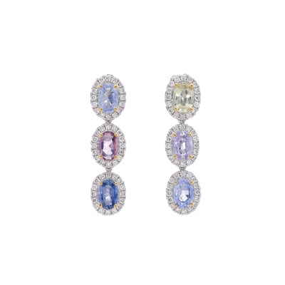 Lot 45 - A pair of 18ct gold sapphire and diamond cluster drop earrings