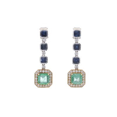 Lot 55 - A pair of 18ct gold emerald, diamond and sapphire drop earrings