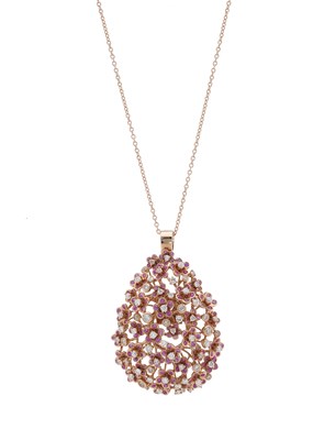 Lot 51 - An 18ct rose gold pink sapphire and diamond floral pendant, with chain