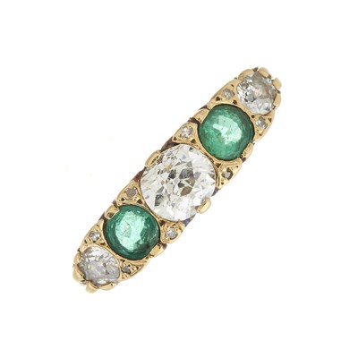 Lot 73 - A mid 20th century 18ct gold diamond and emerald five-stone ring