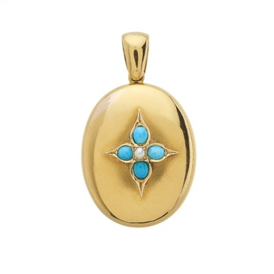 Lot 37 - A late Victorian 18ct gold turquoise and pearl locket pendant