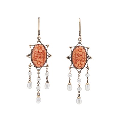 Lot 150 - A pair of gold coral, pearl and diamond drop earrings