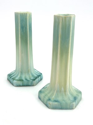 Lot 808 - Ruskin Pottery, a pair of Art Deco cystalline...