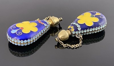Lot 6 - A pair of Russian Soviet silver gilt and cloisonne enamelled scent flasks