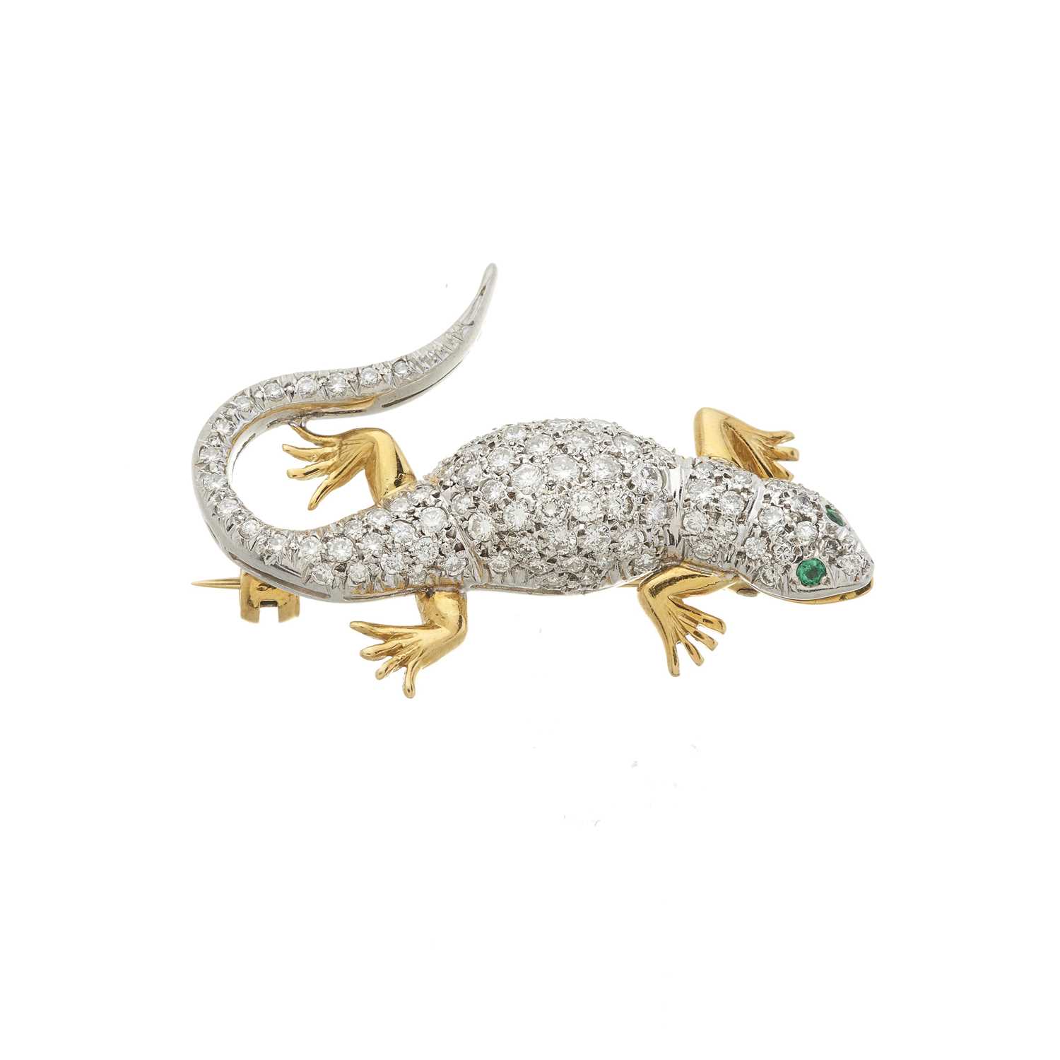 Lot 74 - An 18ct bi-colour gold diamond and emerald lizard brooch