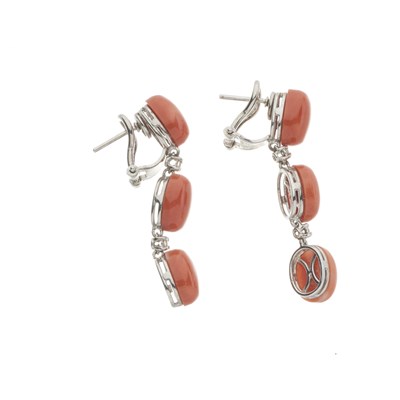 Lot 83 - A pair of 18ct gold coral and diamond drop earrings