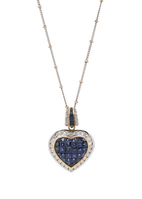 Lot 54 - An 18ct gold sapphire and diamond heart pendant, with chain