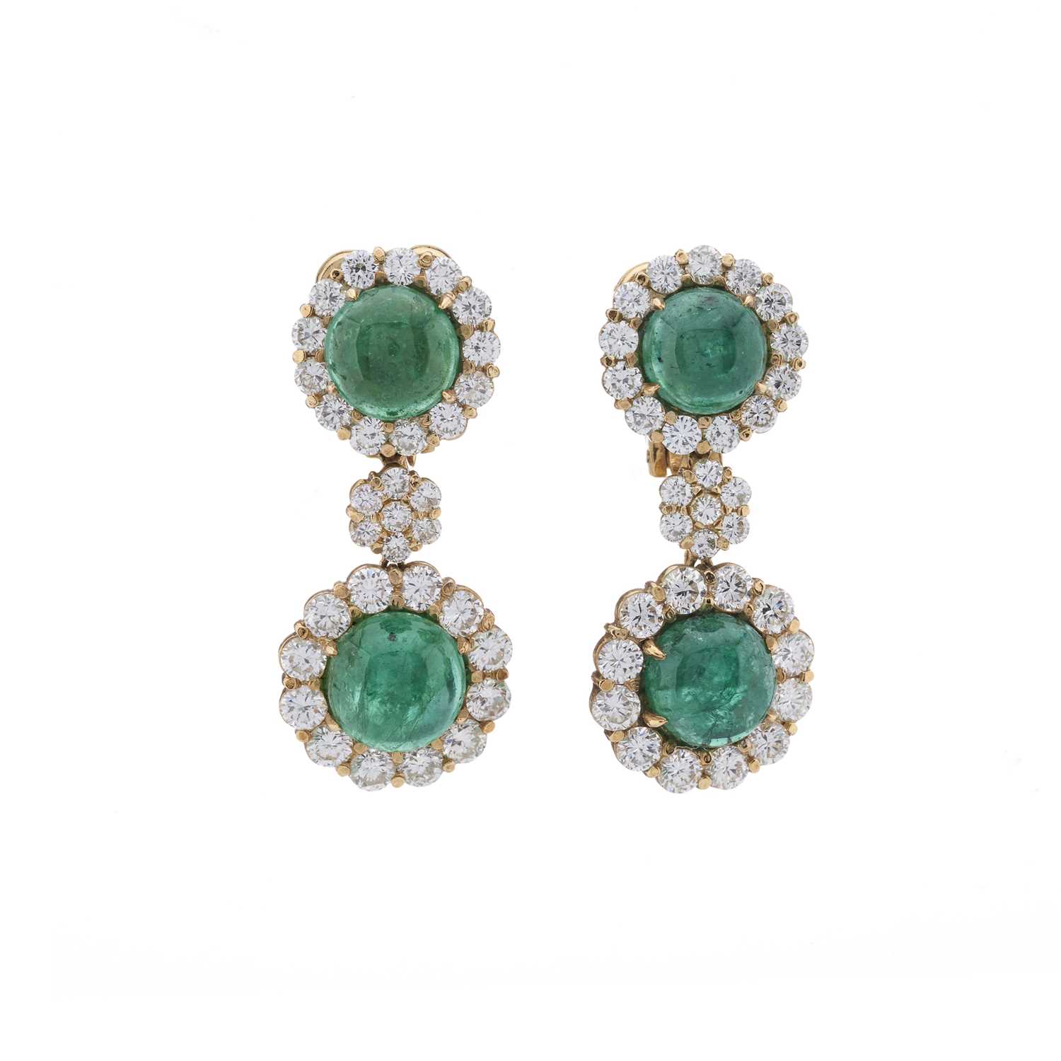 160 - A pair of 18ct gold emerald and diamond double cluster drop earrings
