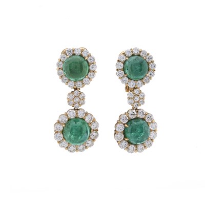 Lot 160 - A pair of 18ct gold emerald and diamond double cluster drop earrings