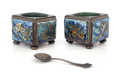 Lot 110 - A pair of Arts and Crafts enamelled and silver...