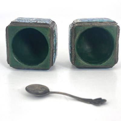 Lot 110 - A pair of Arts and Crafts enamelled and silver...
