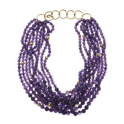 Lot 64 - An amethyst multi-row necklace, with 18ct gold hook clasp