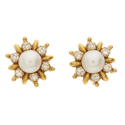 Lot 374 - A pair of 22ct gold cultured pearl and...