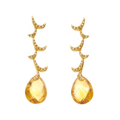 Lot 388 - A pair of 18ct gold citrine briolette drop...