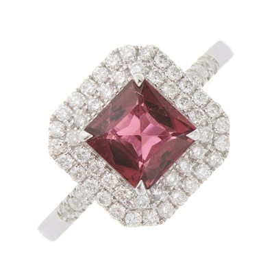 Lot 409 - An 18ct gold square-shape pink tourmaline and...