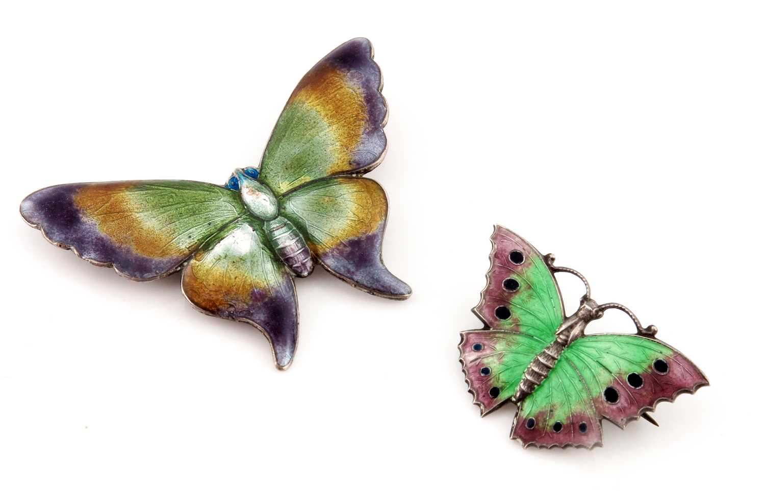 Lot 295 - Two silver and enamelled butterfly brooches,...