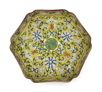 Lot 452 - A Chinese famille jaune tray, hexagonal form,...