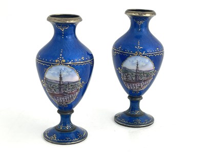 Lot 9 - A pair of Continental enamelled silver vases,...