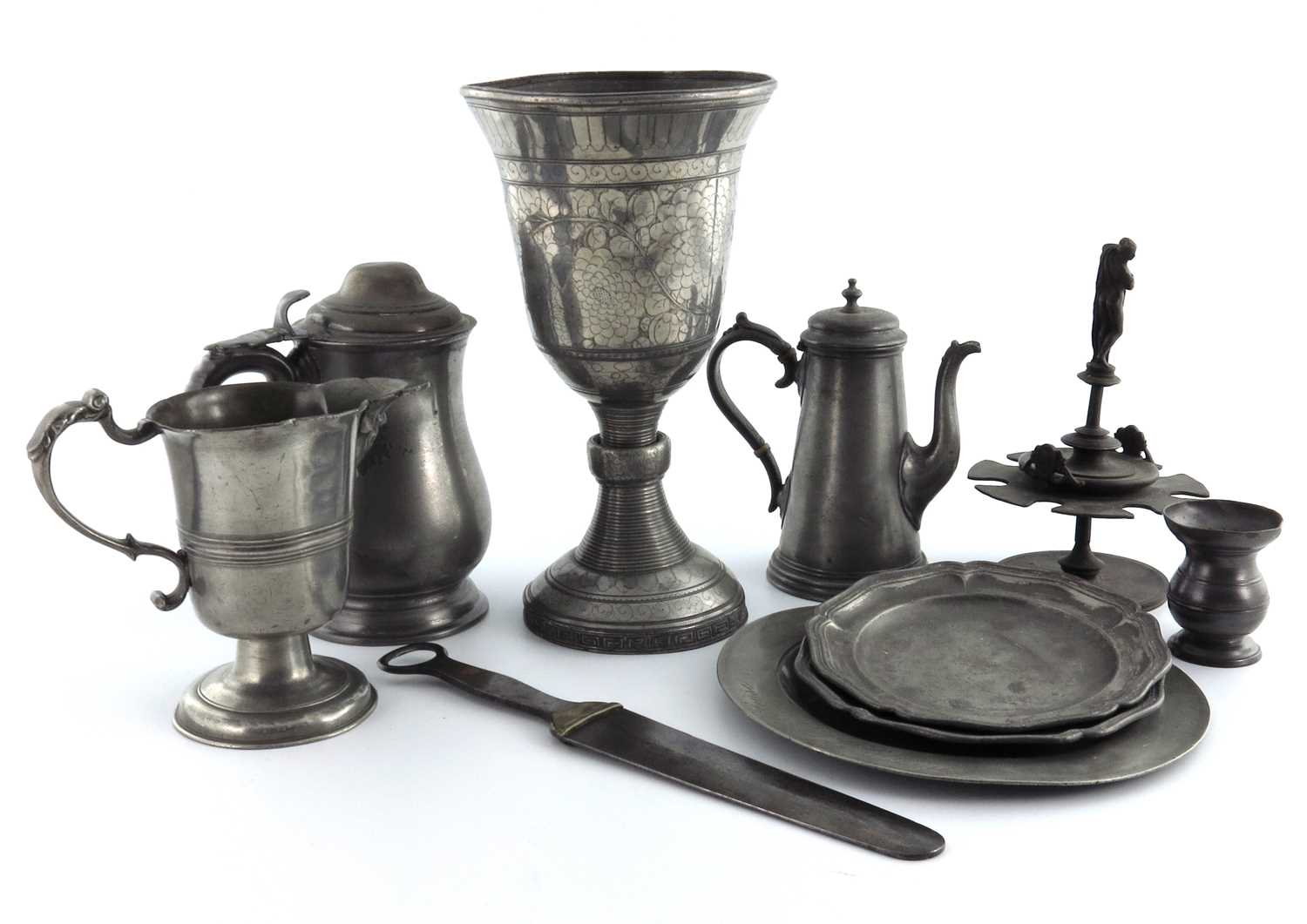 Lot 693 - A collection of pewter, to include a large...