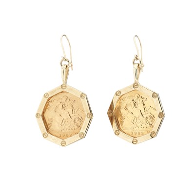 Lot 35 - A pair of gold half sovereign coin drop earrings
