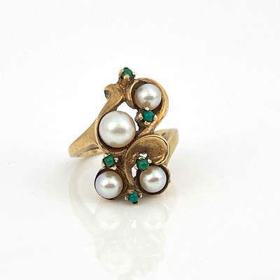 Lot 27 - A gold cultured pearl and turquoise scroll...