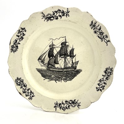 Lot 843 - A Liverpool Herculaneum creamware ship plate,...