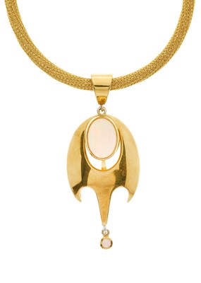 Lot 16 - An 18ct gold opal cabochon abstract pendant,...