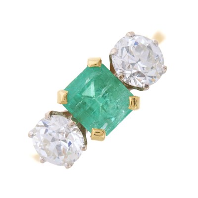 Lot 108 - An 18ct gold emerald and circular-cut diamond...
