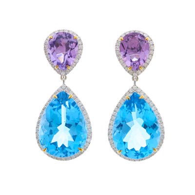 Lot 135 - A pair of 18ct gold blue topaz, amethyst and...