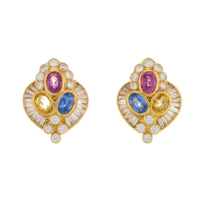 Lot 161 - A pair of 18ct gold vari-hue sapphire and vari-...