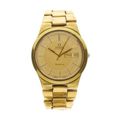 Lot 219 - Omega, a gold plated Geneve day date bracelet...