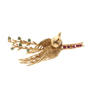 Lot 167 - A 14ct gold opal, turquoise and ruby bird brooch