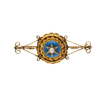 Lot 184 - A mid 19th century gold blue enamel, pearl and diamond brooch