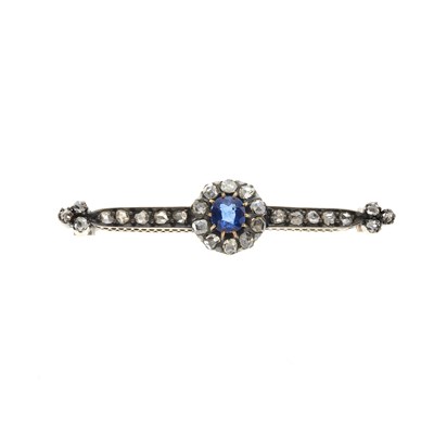 Lot 214 - A 19th century sapphire and diamond cluster bar brooch