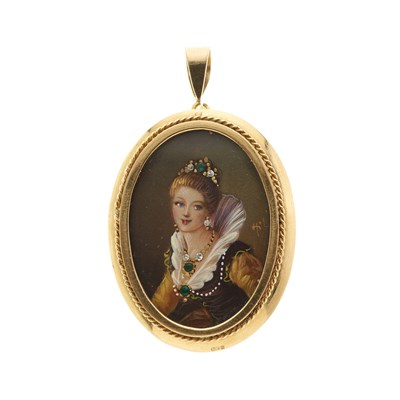 Lot 181 - An 18ct gold emerald and diamond portrait pendant brooch