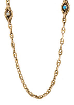 Lot 22 - A late Victorian gold pearl and turquoise fancy-link longuard chain necklace