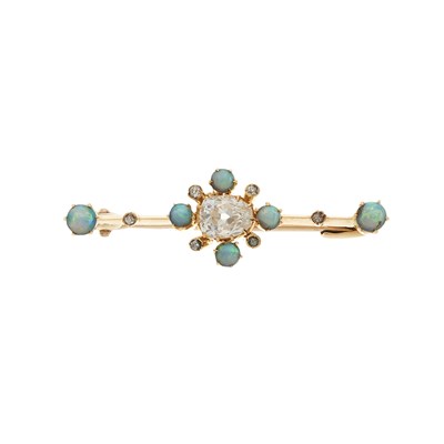 Lot 94 - An early 20th century 15ct gold diamond and opal bar brooch