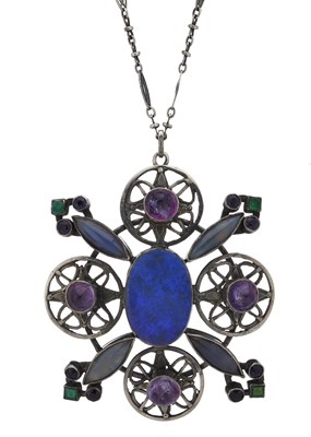Lot 130 - Sibyl Dunlop (attributed), a large silver Arts & Crafts multi-gem pendant, with chain
