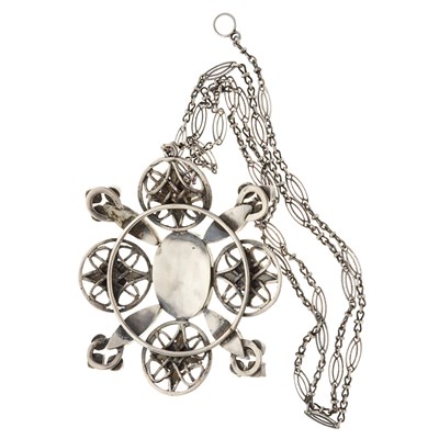 Lot 130 - Sibyl Dunlop (attributed), a large silver Arts & Crafts multi-gem pendant, with chain