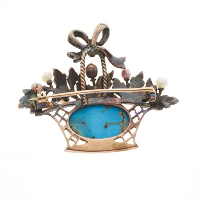 Lot 26 - A late Georgian silver and gold turquoise, diamond and pearl floral basket brooch